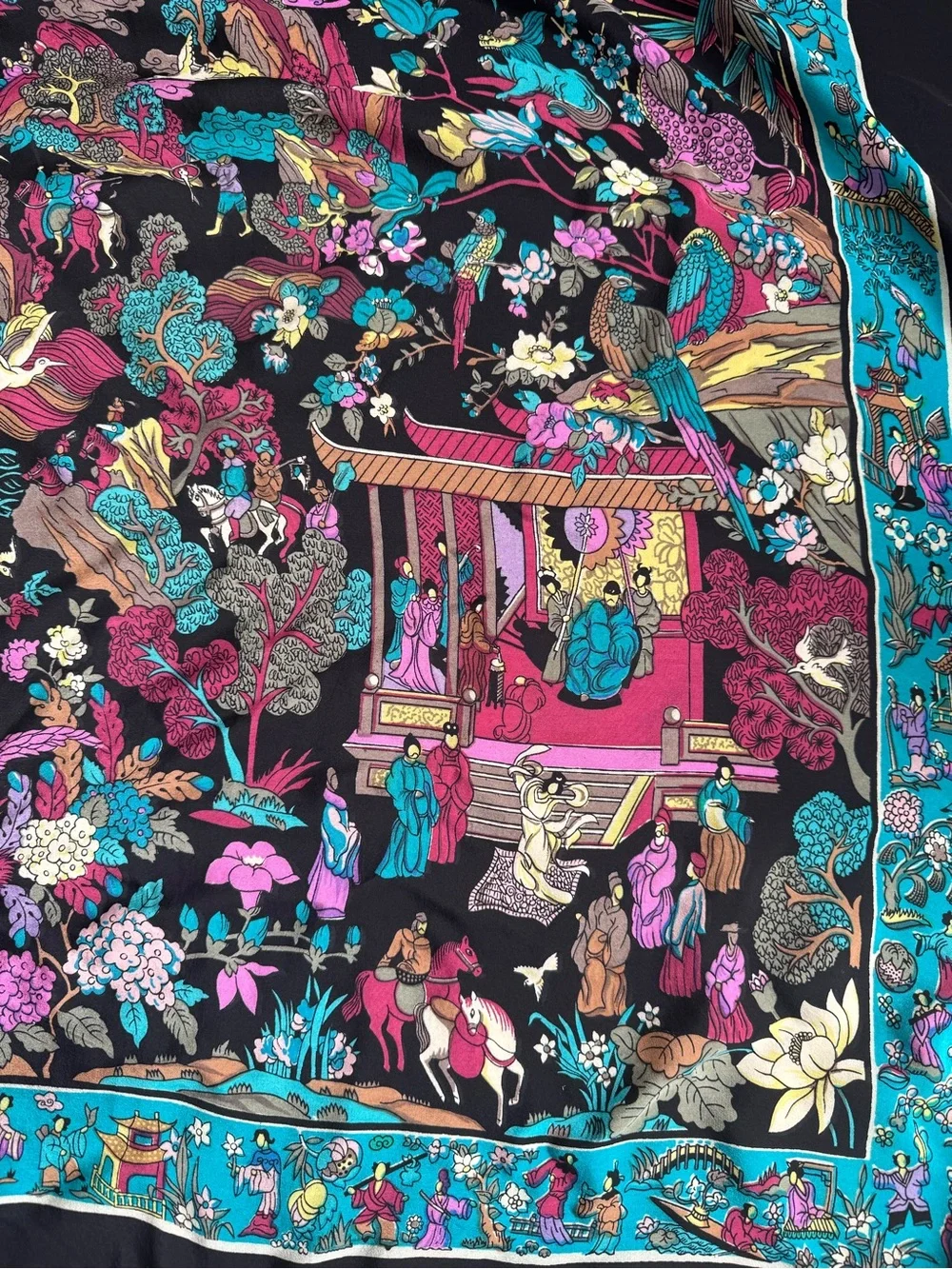 Vintage Hand Rolled Silk Chinoiserie Style Luxury Square Scarf Asian Motif
